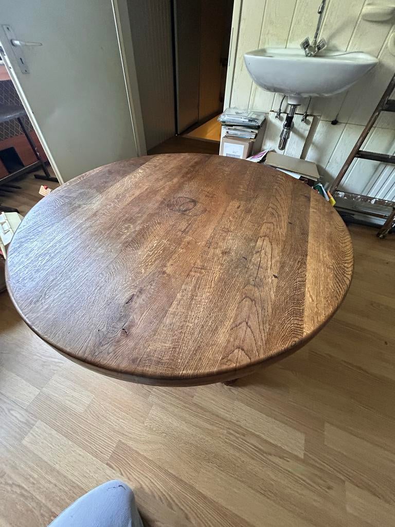 Ronde Eiken Salontafel met Lade - Ø 1.20m, Gebruikt, 100 tot 150 cm, Ophalen of Verzenden, Eikenhout