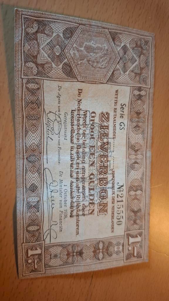 Zilverbon 1 Gulden Gulden 1938 - Nederlands Bankbiljet, Postzegels en Munten, Bankbiljetten | Nederland, Ophalen of Verzenden