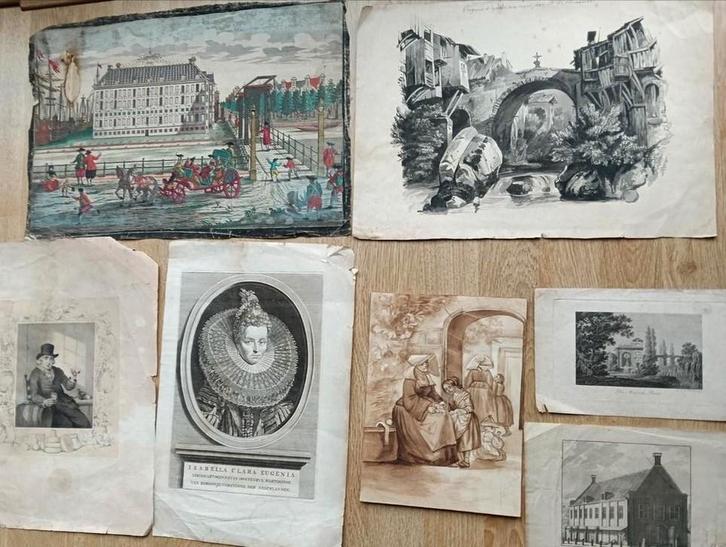 Oude aquarellen, houtsnedes etsen, Antiek en Kunst, Kunst | Tekeningen en Foto's, Ophalen of Verzenden
