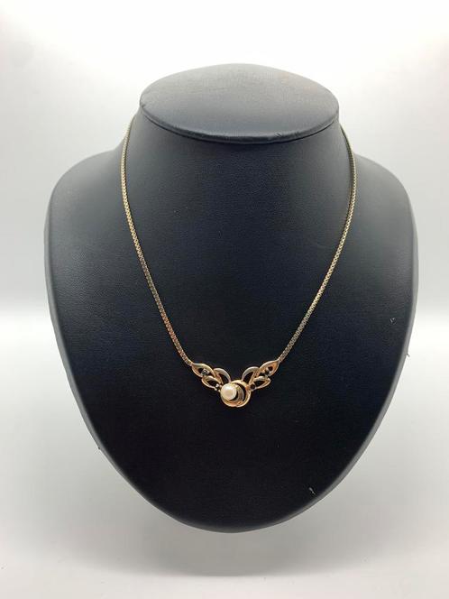 T910 Prachtige zilveren ketting parel blauwe saffier, Sieraden, Tassen en Uiterlijk, Antieke sieraden, Ketting, Zilver, Met edelsteen