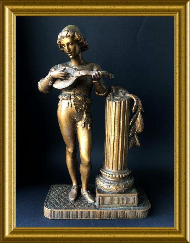 Antiek metalen beeld: muzikant, troubadour, Antiek en Kunst, Curiosa en Brocante, Ophalen of Verzenden