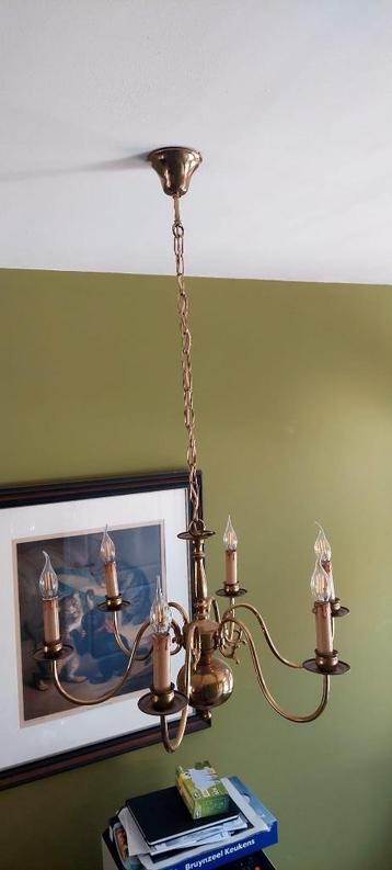 Vintage Geel koper messing 6 arms kroonluchter lamp  beschikbaar voor biedingen