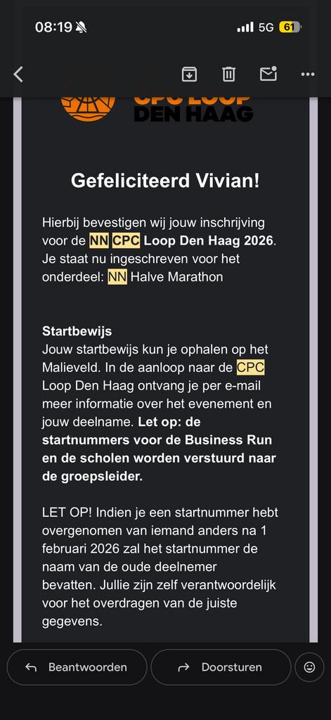 Startbewijs NN CPC halve marathon, Eén persoon, Overige soorten