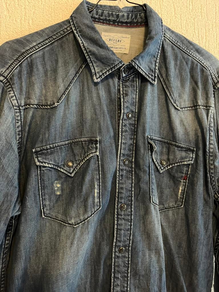 Replay Jeans Shirt - Maat L - zo goed als nieuw, Verzenden, Zo goed als nieuw, Blauw, Halswijdte 41/42 (L)