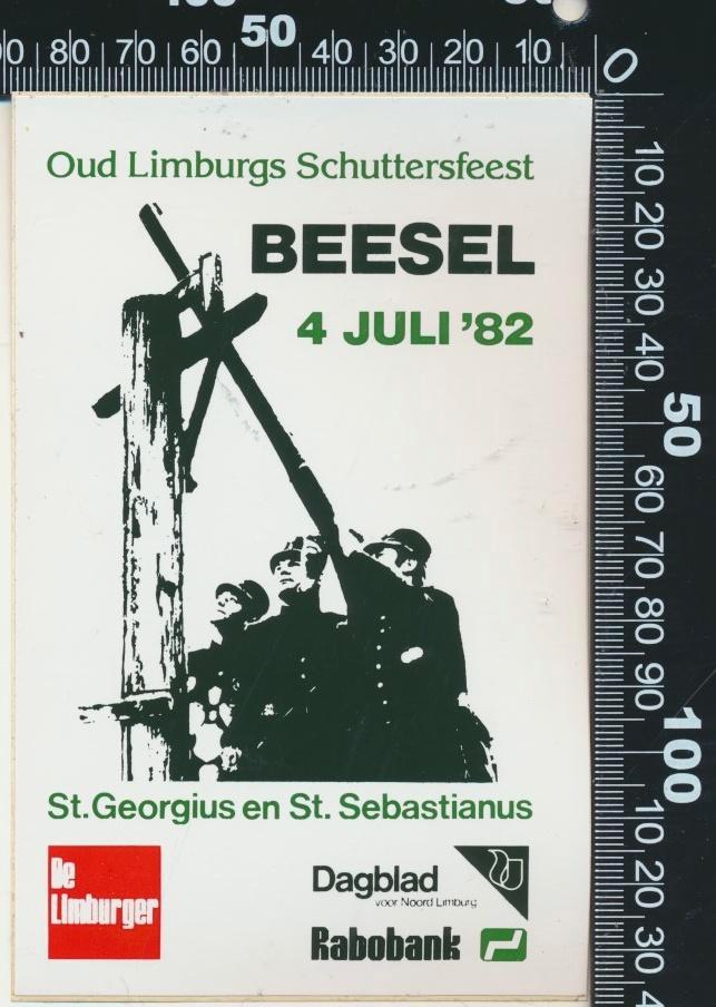 Sticker: Oud Limburgs Schuttersfeest 1982 - Beesel, Verzamelen, Stickers, Zo goed als nieuw, Bedrijf of Vereniging, Verzenden