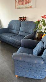 Bank en 2 fauteuils - Blauw met motief, Huis en Inrichting, Banken | Bankstellen, Ophalen, Gebruikt, Driepersoons, 75 tot 100 cm