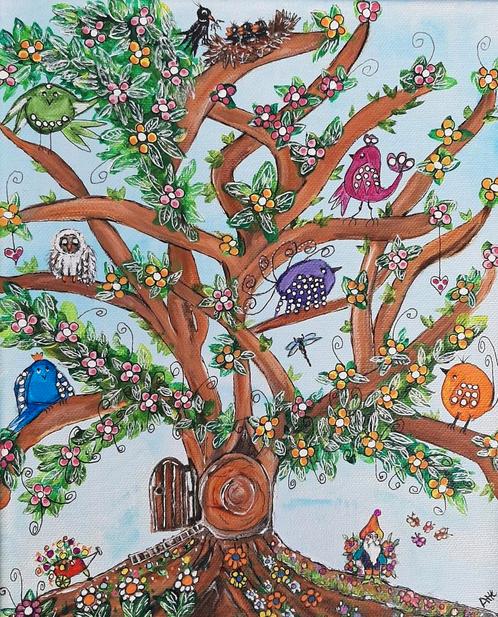 Boom met leuke vogels en kabouter schilderij acryl canvas, Antiek en Kunst, Kunst | Schilderijen | Modern, Ophalen of Verzenden