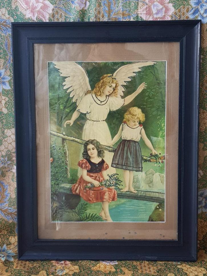 Engel met kinderen antieke ingelijste prent uit Engeland., Antiek en Kunst, Antiek | Woonaccessoires, Ophalen of Verzenden