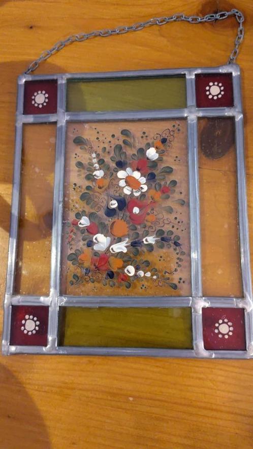 Uniek Glas-in-Lood Paneel met Handbeschilderde Bloemen, Antiek en Kunst, Curiosa en Brocante, Ophalen of Verzenden