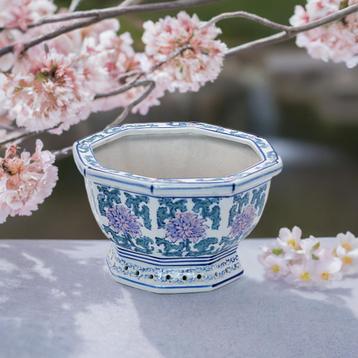 Vintage Blauwe en Witte Porseleinen Chinoiserie Planter beschikbaar voor biedingen