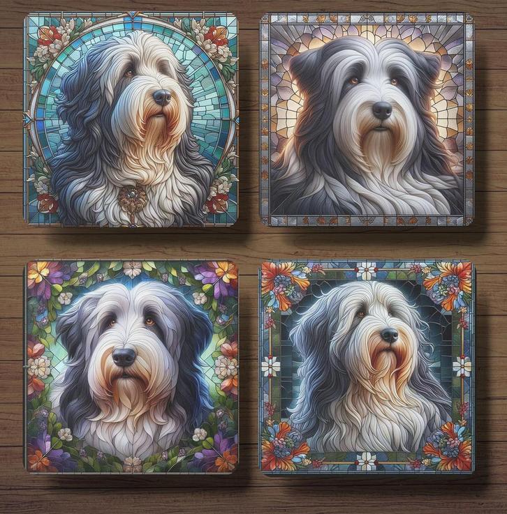 Bearded Collie Glas in Lood onderzetters met houder, Huis en Inrichting, Woonaccessoires | Onderzetters, Nieuw, Glas of Kopje
