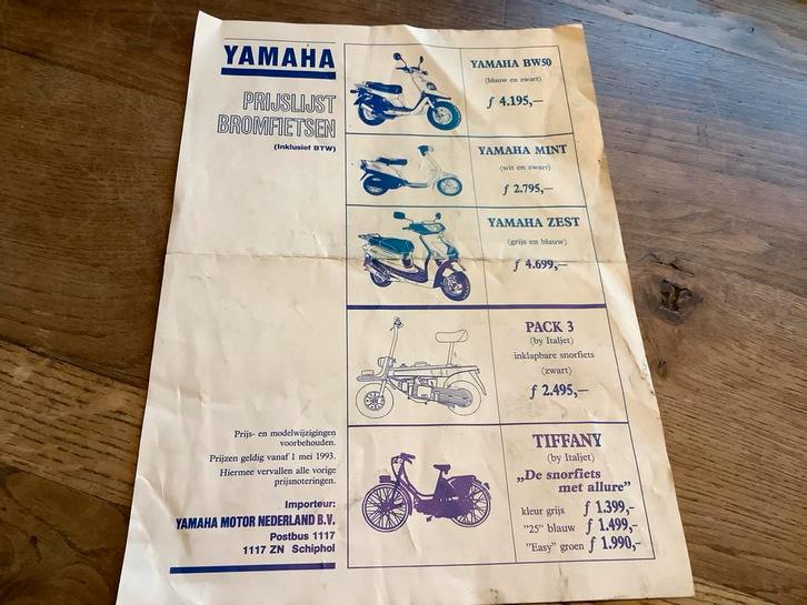Yamaha Prijslijst Bromfietsen 1993, Fietsen en Brommers, Handleidingen en Instructieboekjes, Gebruikt, Verzenden