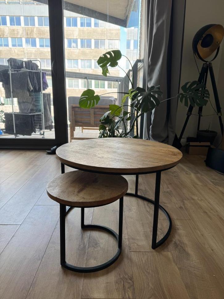2-delige Tafeltjesset ruw mangohout, Huis en Inrichting, Tafels | Bijzettafels, Zo goed als nieuw, Rond, 45 tot 60 cm, Minder dan 55 cm