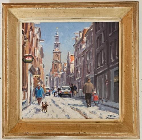Louis Visser - Bloemstraat Amsterdam in de winter, Antiek en Kunst, Kunst | Schilderijen | Klassiek, Ophalen of Verzenden