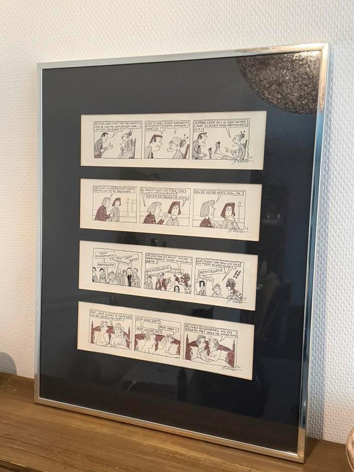 IJf Blokker, 4 originele stripstroken | Jaren 80 | Ingelijst, Antiek en Kunst, Kunst | Tekeningen en Foto's, Ophalen of Verzenden