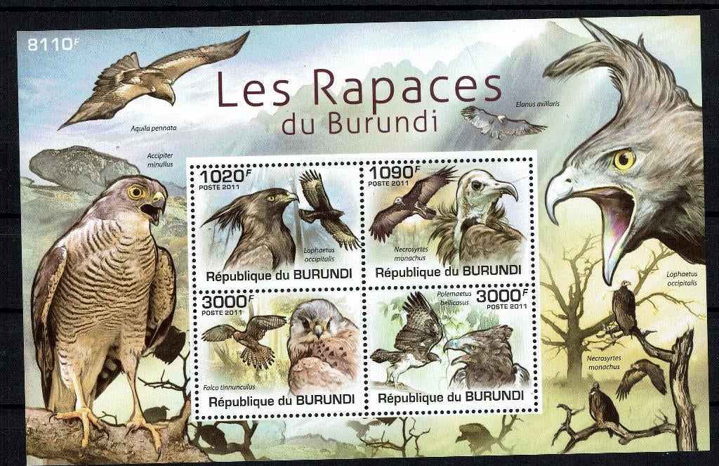 BURUNDI 2011 PF BLOK ROOFVOGELS VOOGELS BIRDS OF PEY GIEREN, Ophalen of Verzenden, Postfris, Dier of Natuur