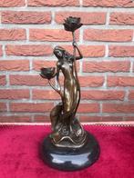 stijlvolle bronzen dubbele kandelaar,art-nouveau dame, Ophalen of Verzenden