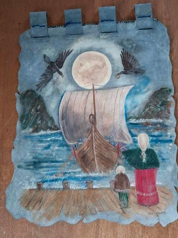 Wandkleed Vikingtafereel op leer 76x62 beschikbaar voor biedingen