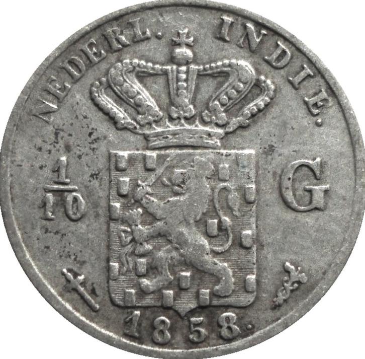 Nederlands Indië 1/10 gulden 1858 (zilver), Postzegels en Munten, Munten | Azië, Losse munt, Zuidoost-Azië, Zilver, Ophalen of Verzenden