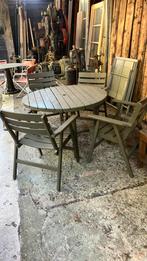 Franse houten tuinset inklapbaar met ronde tafel, Ophalen, 4 zitplaatsen, Gebruikt, Nvt
