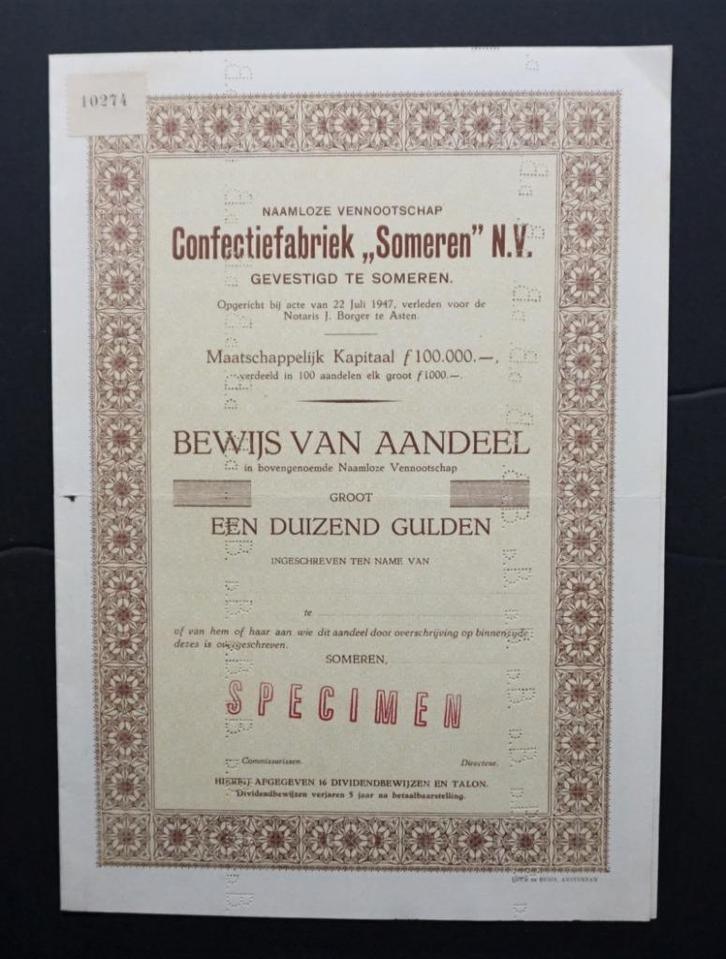 Confectiefabriek "Someren" - Someren 1947, Postzegels en Munten, Aandelen en Waardepapieren, Aandeel, 1920 tot 1950, Verzenden