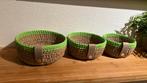 Set van 3 jute mandjes met appel groen katoen en leren band, Huis en Inrichting, Woonaccessoires | Schalen en Manden, Ophalen of Verzenden