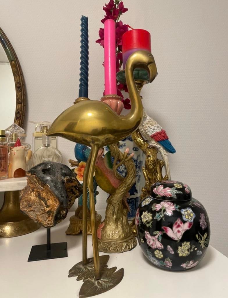 Vintage Messing Flamingo Eyecatcher, Huis en Inrichting, Woonaccessoires | Kandelaars en Kaarsen, Gebruikt, Overige kleuren, Ophalen of Verzenden