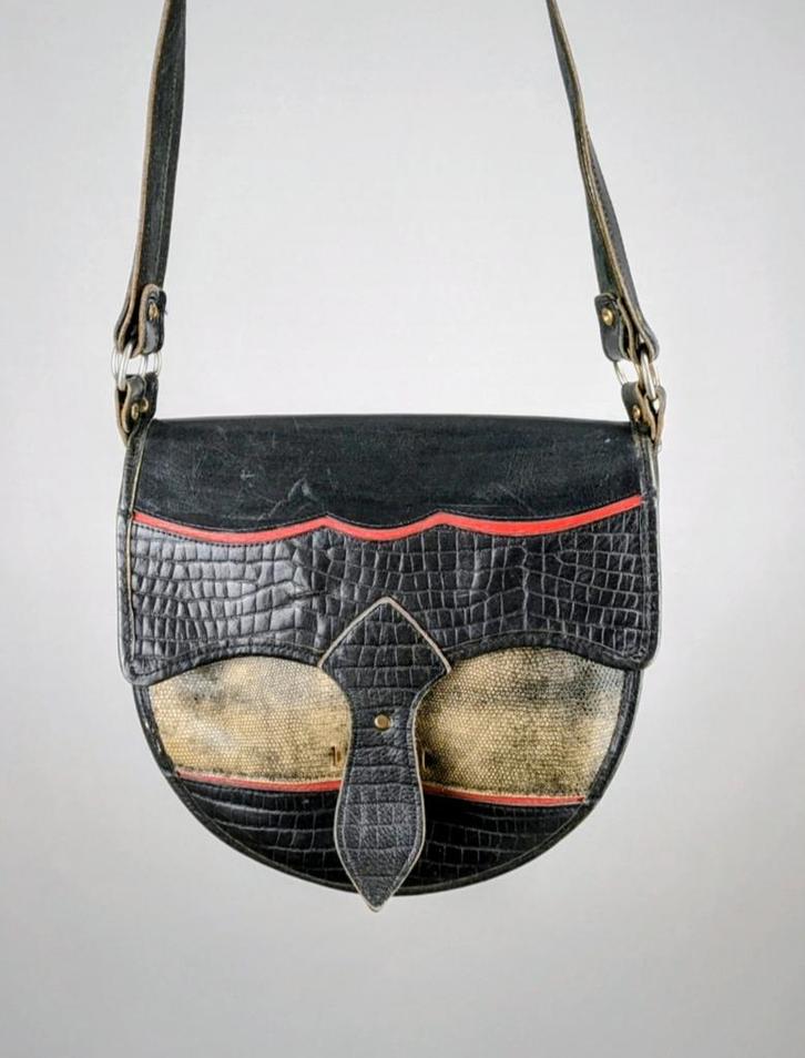 Vintage leren schouder tas, Sieraden, Tassen en Uiterlijk, Tassen | Schoudertassen, Gebruikt, Overige merken, Zwart, Leer, Ophalen of Verzenden