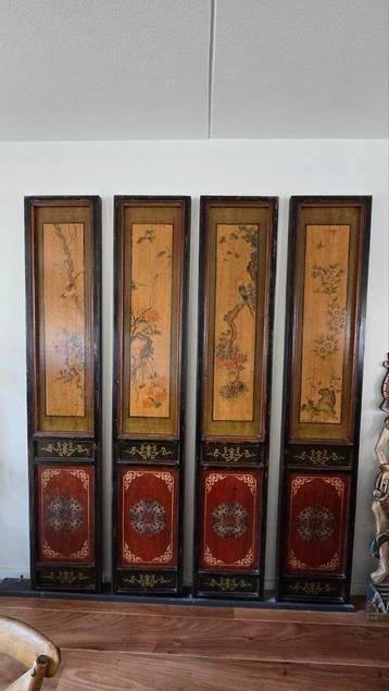 Set van 4 Antieke Chinese Houten Panelen – Handbeschilderd beschikbaar voor biedingen