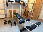 Drukbank + Halterset met schijven, Sport en Fitness, Fitnessmaterialen, Ophalen, Gebruikt, Armen, Fitnessbank