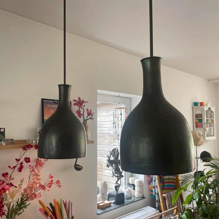 Handgetrommelde koperen lampen uit Indonesie, Huis en Inrichting, Lampen | Hanglampen, Zo goed als nieuw, Minder dan 50 cm, Ophalen