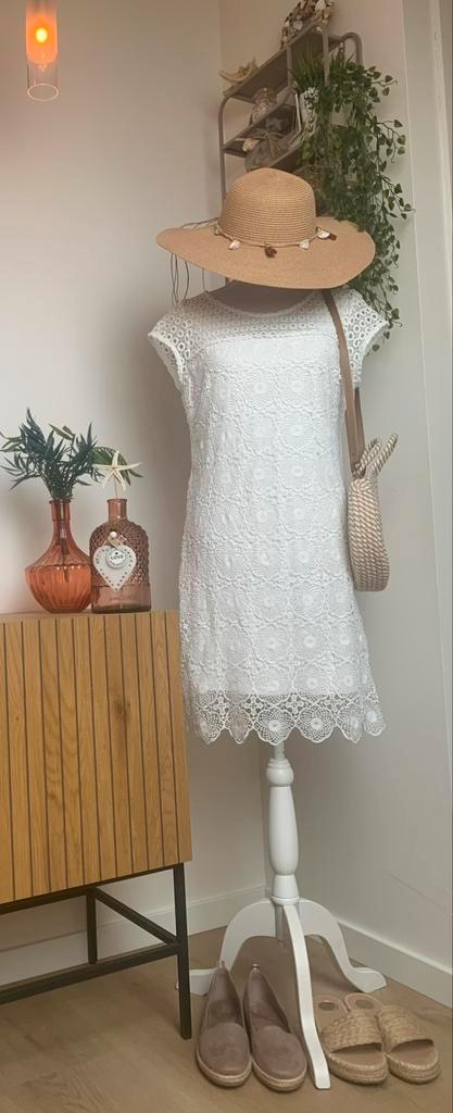 YESSICA elegante, zomerse jurk met kant & broderie, mt 38-40, Kleding | Dames, Jurken, Gedragen, Maat 38/40 (M), Wit, Knielengte