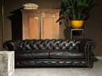 Chesterfield Zwarte Leren 3 zits Bank Generfd Leer, Driepersoons, Ophalen of Verzenden, 200 tot 250 cm, Chesterfield