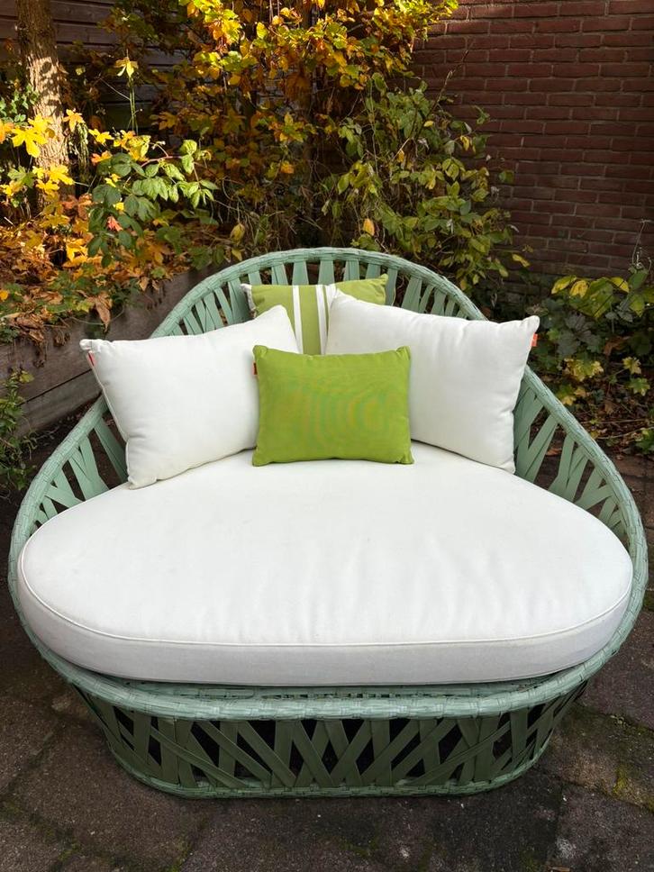 Lounge stoel tuin wicker incl kussens groen, Tuin en Terras, Tuinsets en Loungesets, Gebruikt, Loungeset, Wicker, 2 zitplaatsen