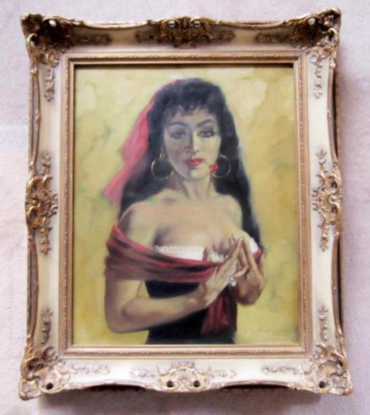 = vrouw met bloem tussen de lippen ==gesigneerd=, Antiek en Kunst, Kunst | Schilderijen | Klassiek, Ophalen of Verzenden