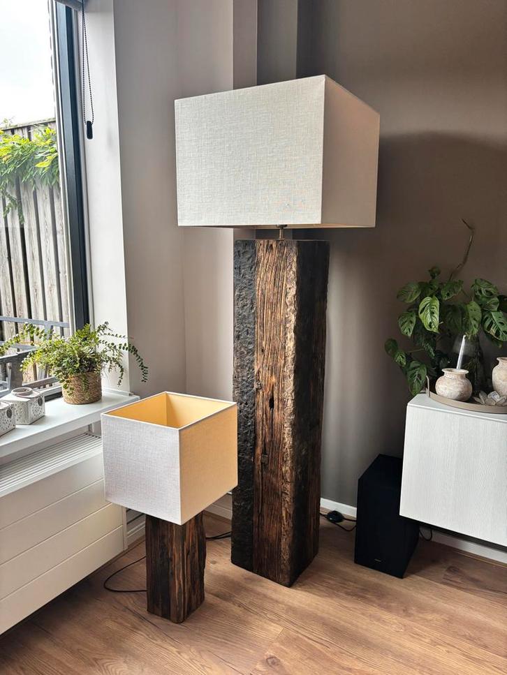 Lampenset bielzen Straluma beige kap, tafellamp vloerlamp, Huis en Inrichting, Lampen | Vloerlampen, Gebruikt, Hout, Ophalen