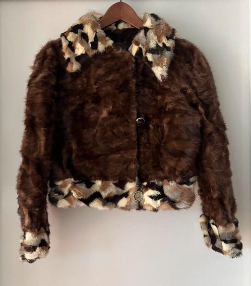 Mooi bruin kort bontjasje met patchwork afwerking S - M, Kleding | Dames, Jassen | Winter, Gedragen, Maat 36 (S), Bruin, Verzenden