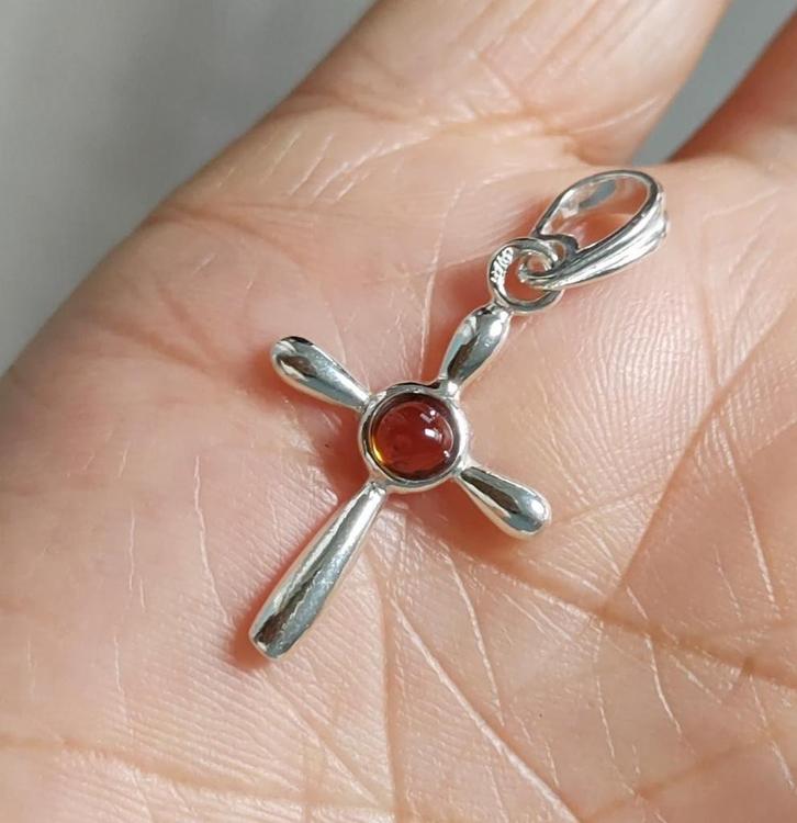 925 zilveren hanger Kruis met natuurlijke Barnsteen(Amber), Sieraden, Tassen en Uiterlijk, Kettinghangers, Nieuw, Zilver, Oranje
