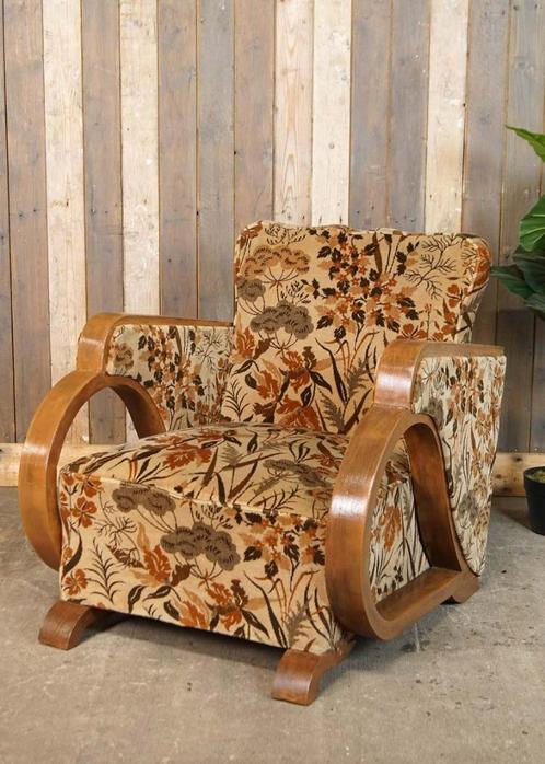 Sierlijke oude vintage fauteuil uit de jaren 60/70, Huis en Inrichting, Fauteuils, Gebruikt, Hout, Stof, 50 tot 75 cm, Minder dan 75 cm