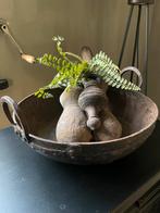 Metalen schaal met handvaten/ houten ornamenten, Antiek en Kunst, Ophalen of Verzenden