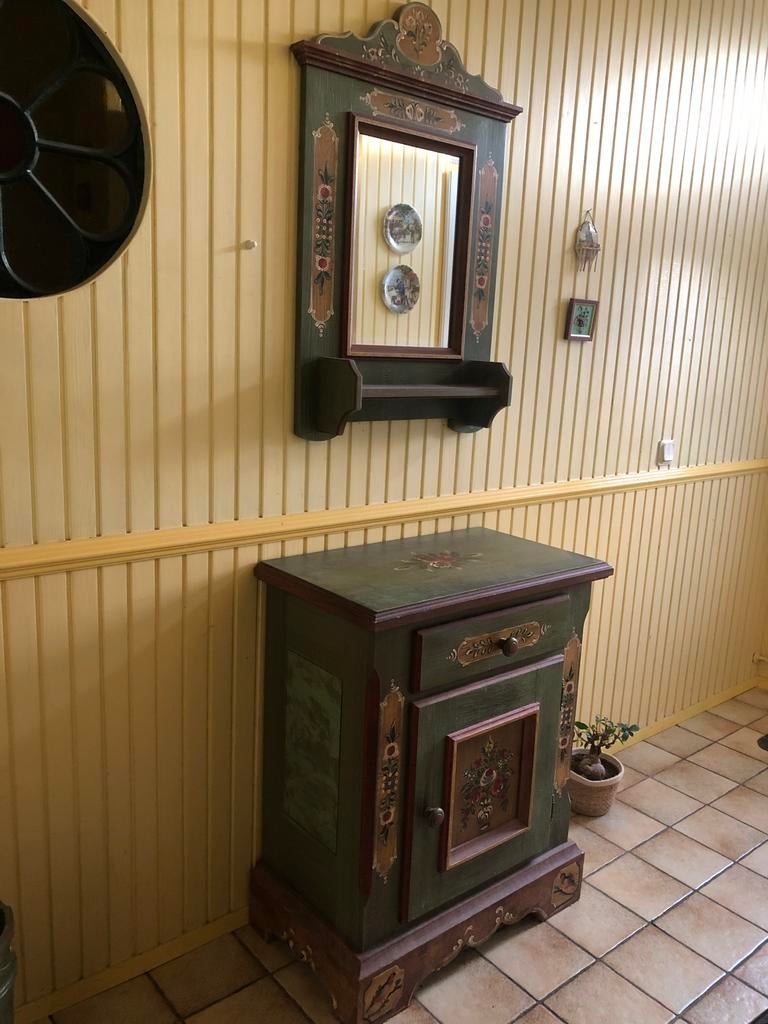 Mooi beschilderd kastje met spiegel en paraplubak, Ophalen, Rechthoekig, Minder dan 50 cm, Minder dan 100 cm