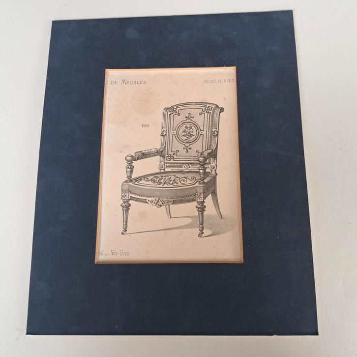 Antieke prent van een stoel, Antiek en Kunst, Kunst | Etsen en Gravures, Ophalen of Verzenden