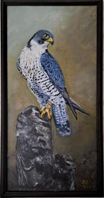 Schilderij: Valk op een paal eigen werk  olieverf 25x50, Antiek en Kunst, Ophalen