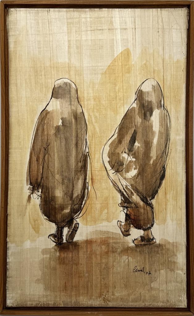 685. Aquarel - twee wandelende mensen, 2007, Antiek en Kunst, Kunst | Schilderijen | Modern, Ophalen of Verzenden