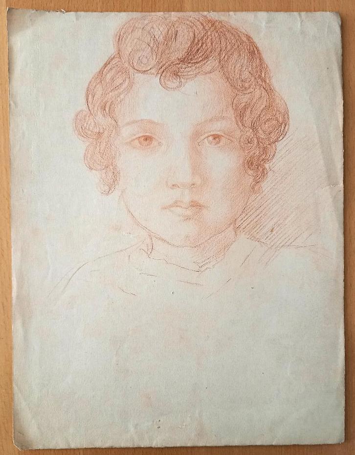 A493-60 Oude tekening Portret en face van vrouw rood potlood, Antiek en Kunst, Kunst | Tekeningen en Foto's, Ophalen of Verzenden