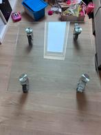 Glazen salon tafel op industriewielen 1 meter x 1 meter, Ophalen, 50 tot 100 cm, Vierkant, 50 tot 100 cm