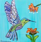 Schilderijtje leuke kolibri in vrolijk acryl op hout, Antiek en Kunst, Kunst | Schilderijen | Modern, Ophalen of Verzenden