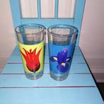 2 Limonadeglazen 1x tulp afbeelding 1x viooltje afbeelding, Glas, Overige stijlen, Glas of Glazen, Zo goed als nieuw