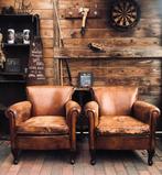Stoere vintage cognac schapenleren clubfauteuils, Chesterfield fauteuils, 75 tot 100 cm, Gebruikt, Leer