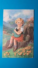 Meisje met poesje op arm kijkend naar een koolmeesje 1935, Ophalen of Verzenden, 1920 tot 1940, Gelopen, Kinderen